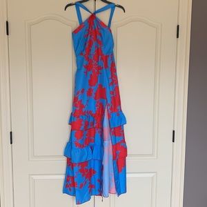 Blue and red/coral maxi dress. Ruffles and side slit.
